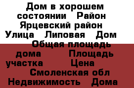 Дом в хорошем состоянии › Район ­ Ярцевский район › Улица ­ Липовая › Дом ­ 6 › Общая площадь дома ­ 88 › Площадь участка ­ 32 › Цена ­ 300 000 - Смоленская обл. Недвижимость » Дома, коттеджи, дачи продажа   